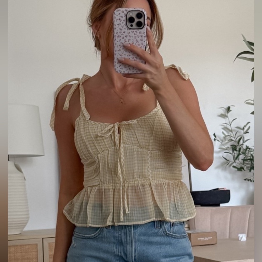 Tie-Shoulder Yellow Gingham Peplum Camisole